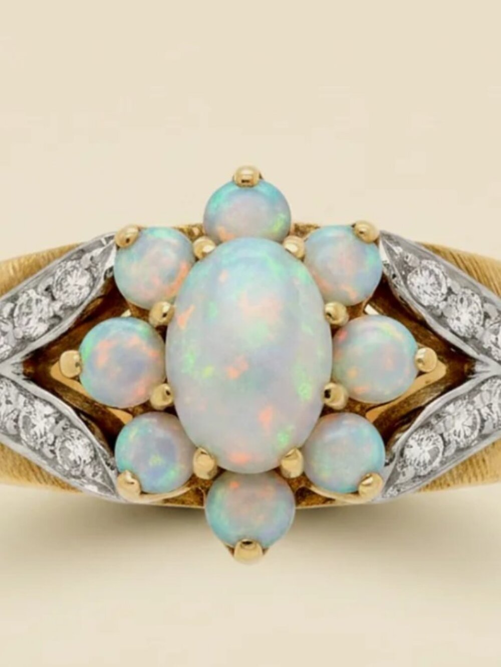 14K Opal Diamond Engagement Florentine Solid Yellow Gold Stunning Ring